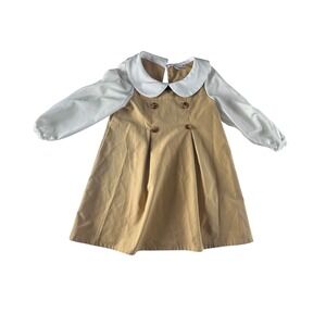 PatPat Kids Dress 3T 4T Beige White Peter Pan Collar Double Button Pleated